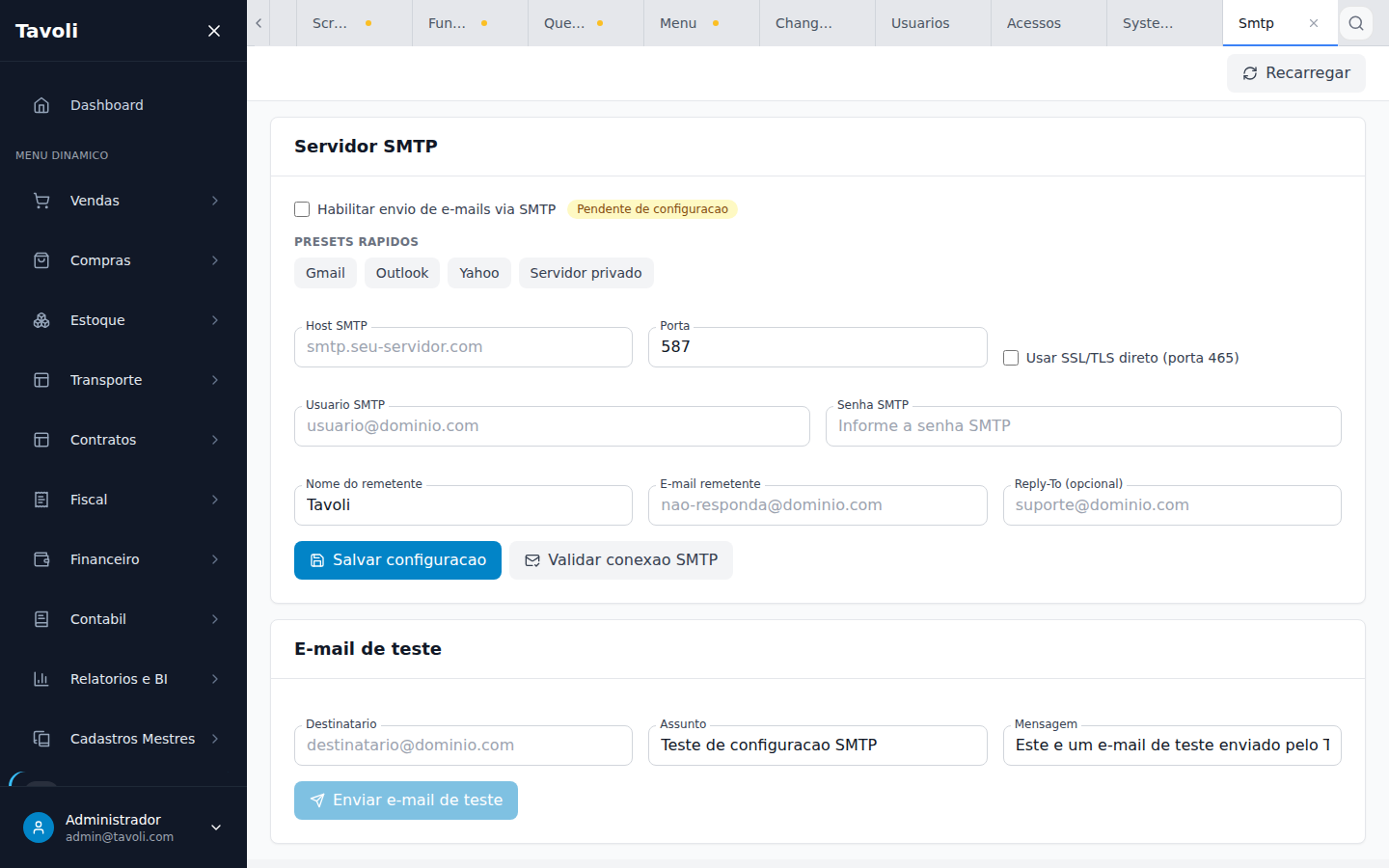 SMTP - Tela principal