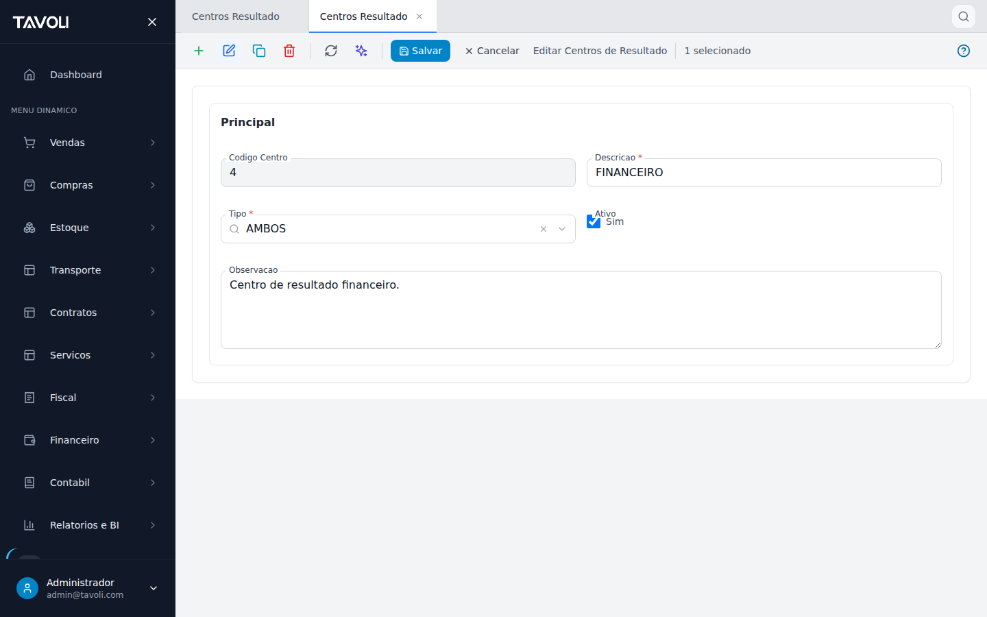 Centros de Resultado - Detalhe do registro