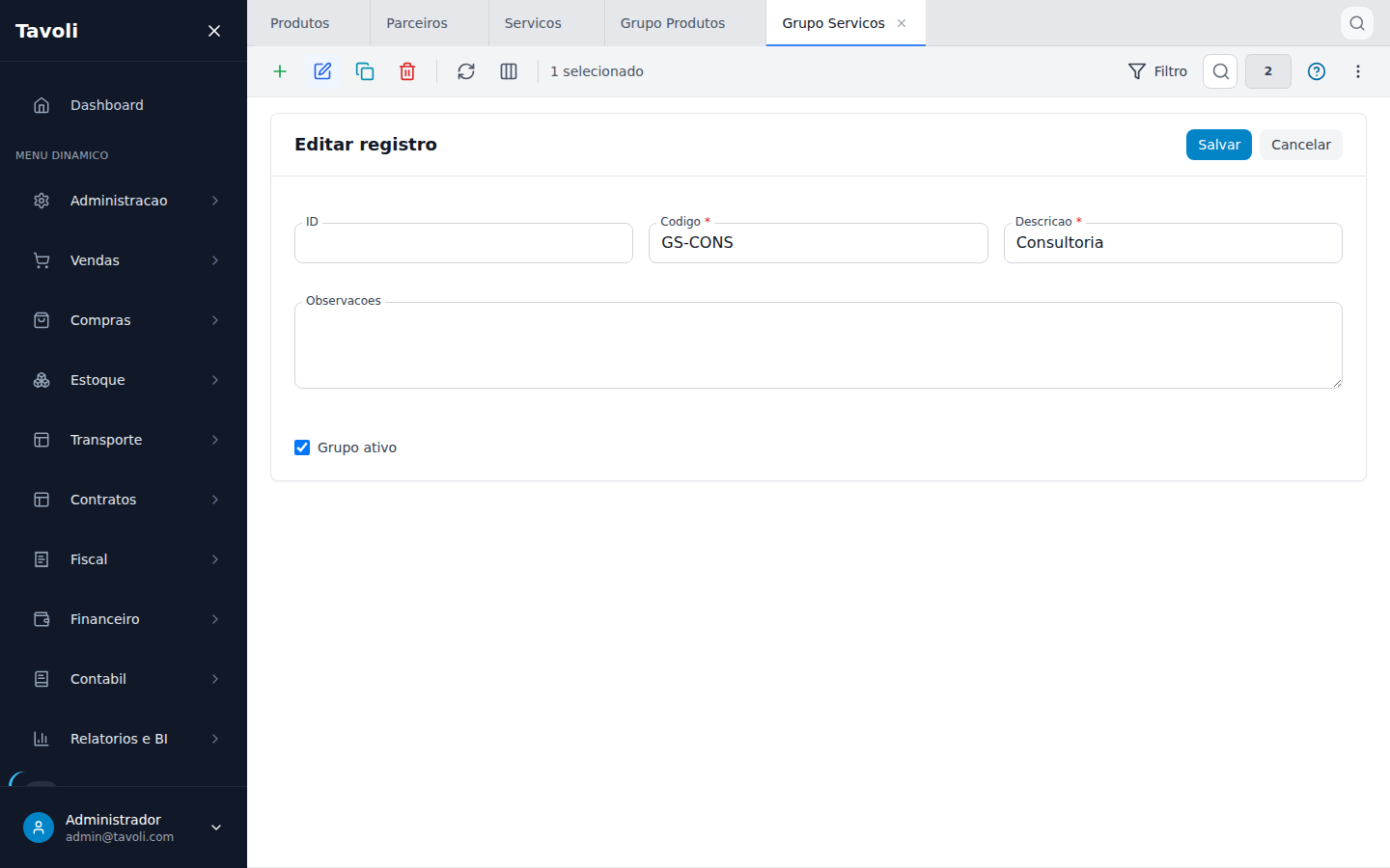 Grupo de Servicos - Detalhe do registro