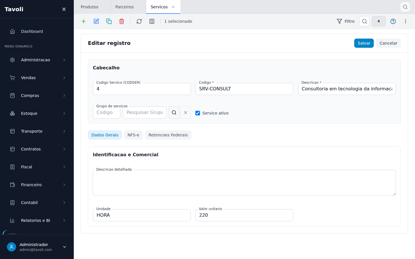 Servicos - Detalhe do registro