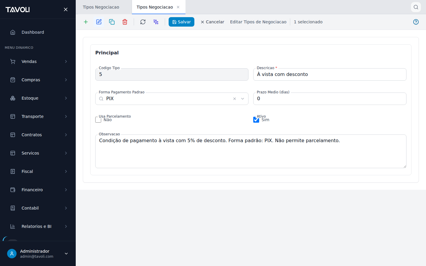 Tipos de Negociacao - Detalhe do registro