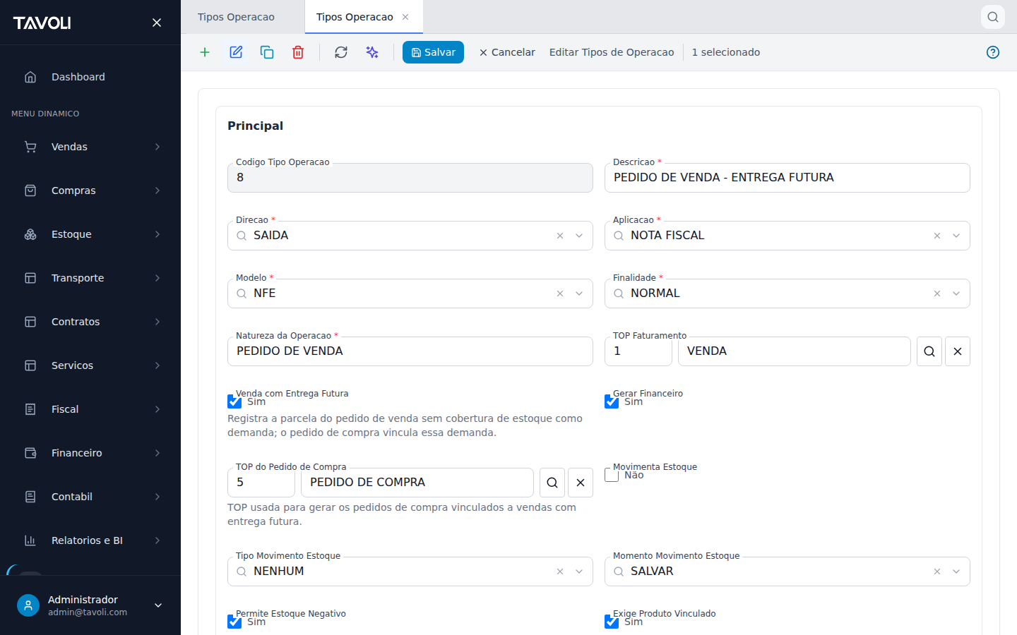 Tipos de Operacao (TOP) - Detalhe do registro
