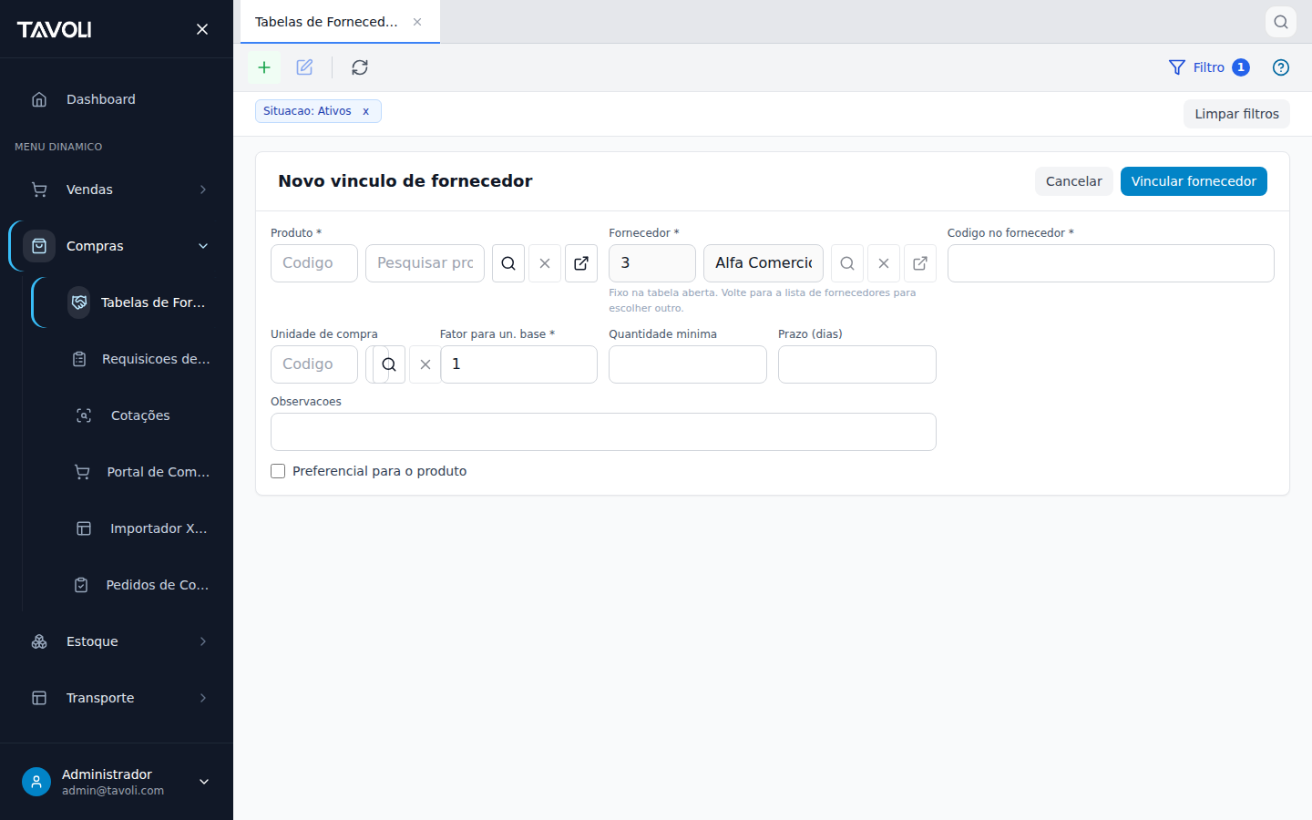Tabelas de Fornecedores - Detalhe do registro