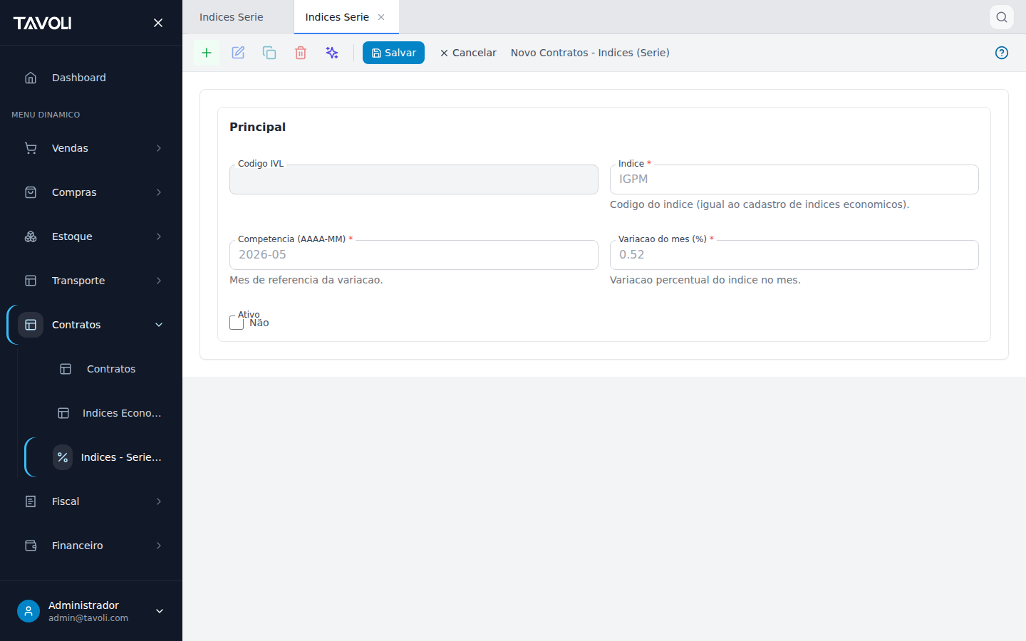 Indices - Serie - Detalhe do registro