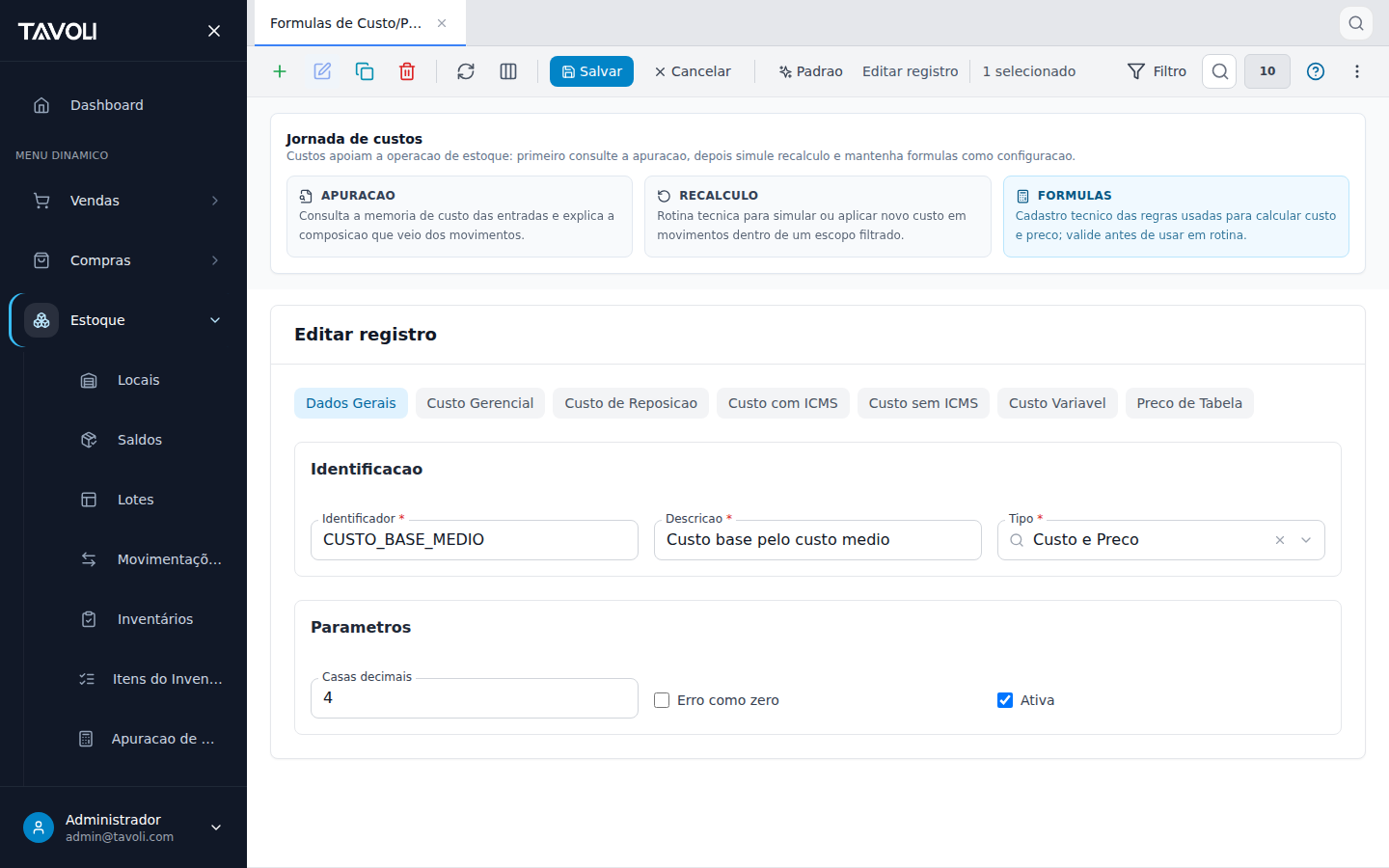 Formulas de Custo e Preco - Detalhe do registro