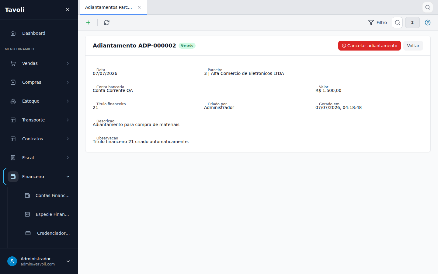 Adiantamentos de Parceiros - Detalhe do registro