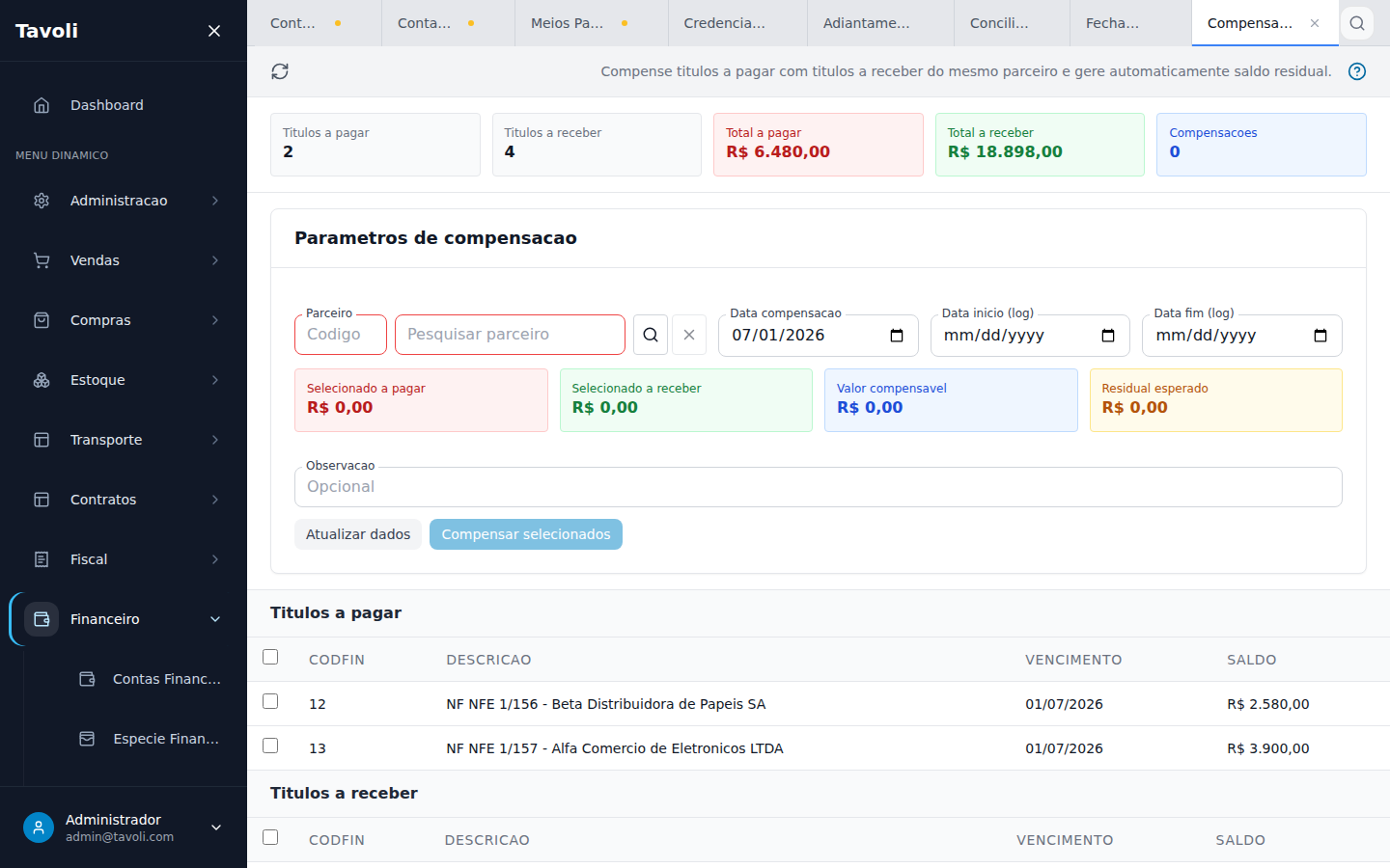 Compensacao Financeira - Tela principal