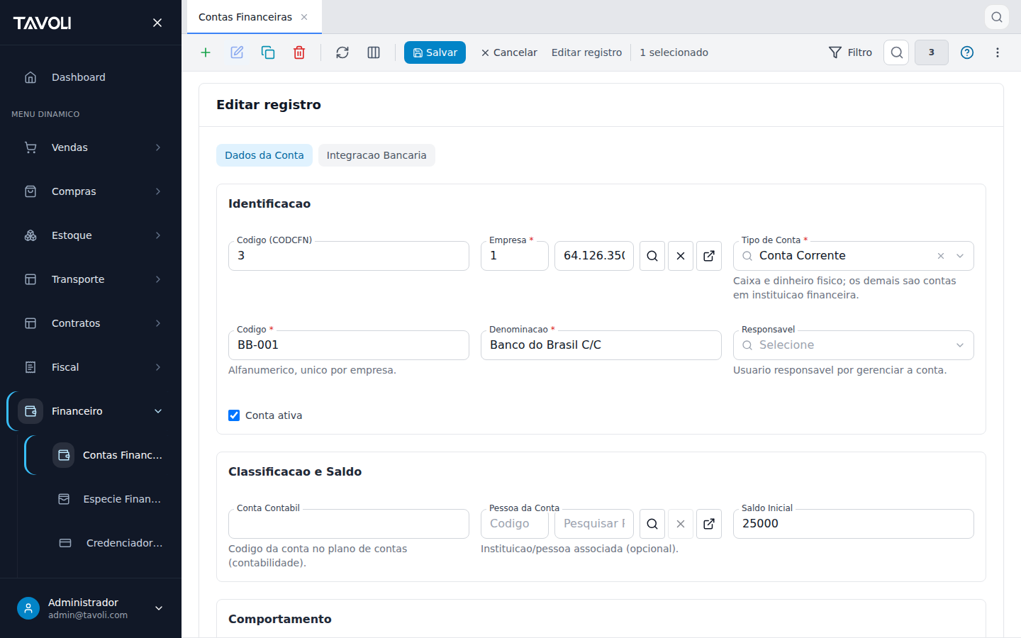 Contas Financeiras - Detalhe do registro