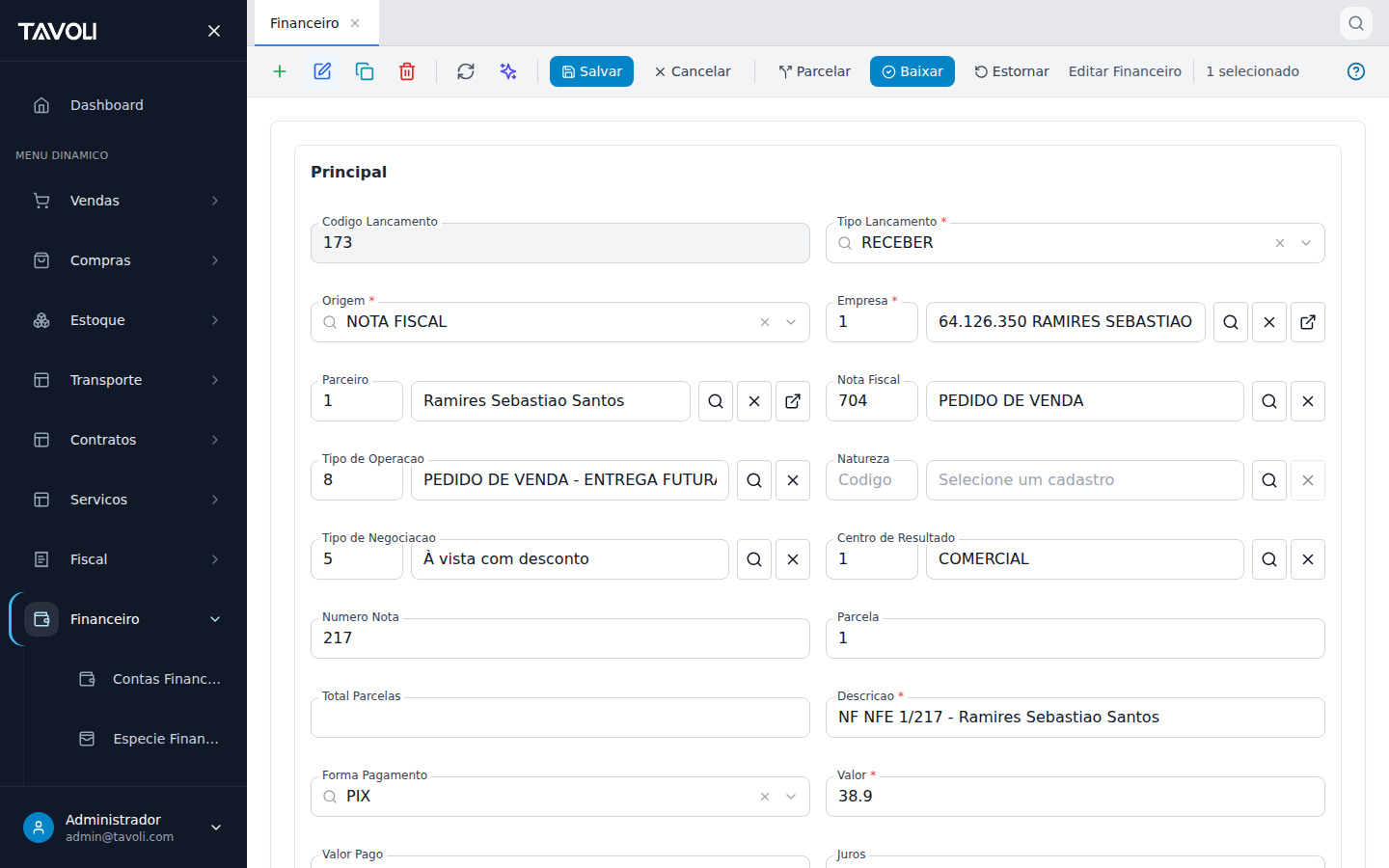 Lancamentos Financeiros - Detalhe do registro