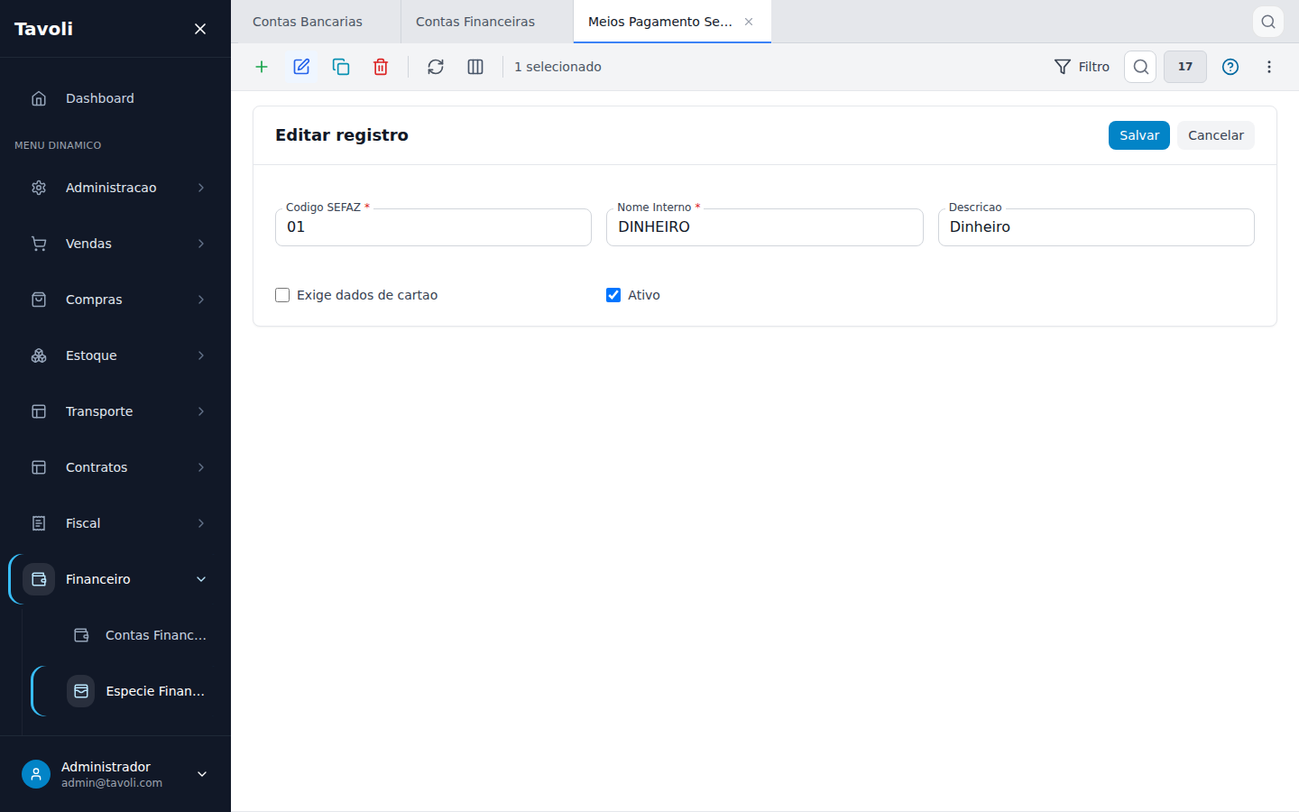 Meios de Pagamento SEFAZ - Detalhe do registro