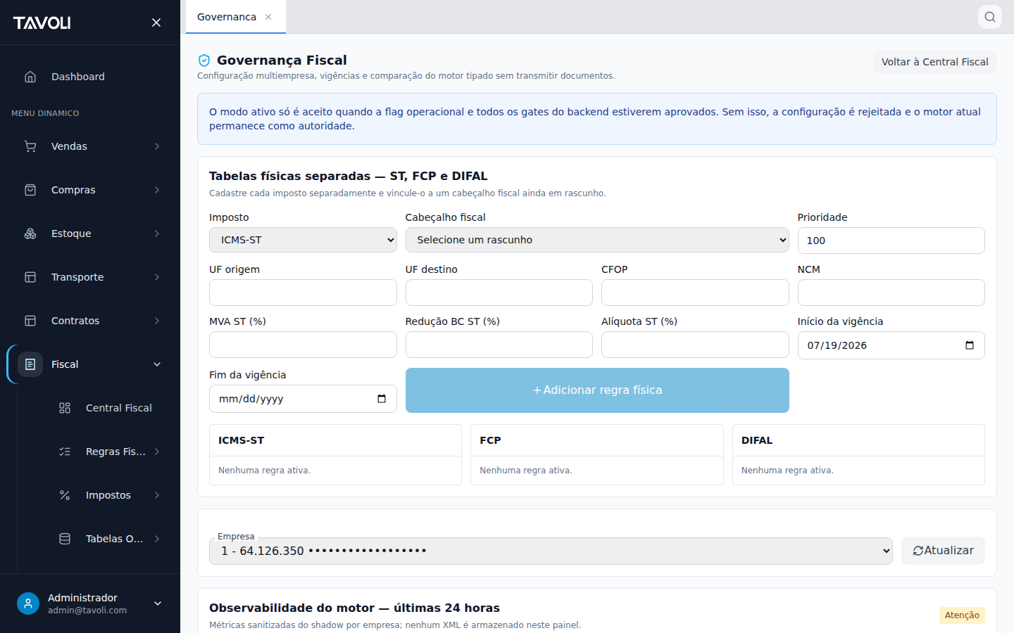 Governanca Fiscal - Tela principal