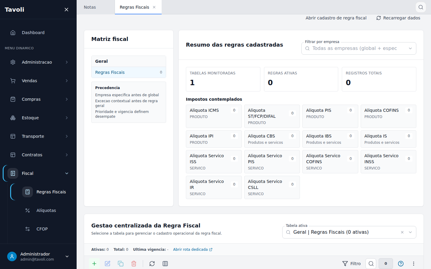 Regras Fiscais - Detalhe do registro