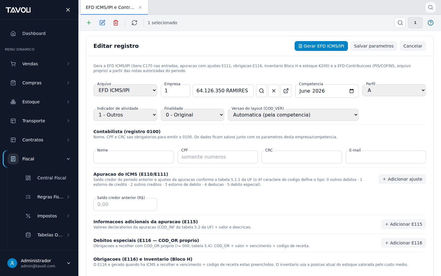 SPED Fiscal - Detalhe do registro