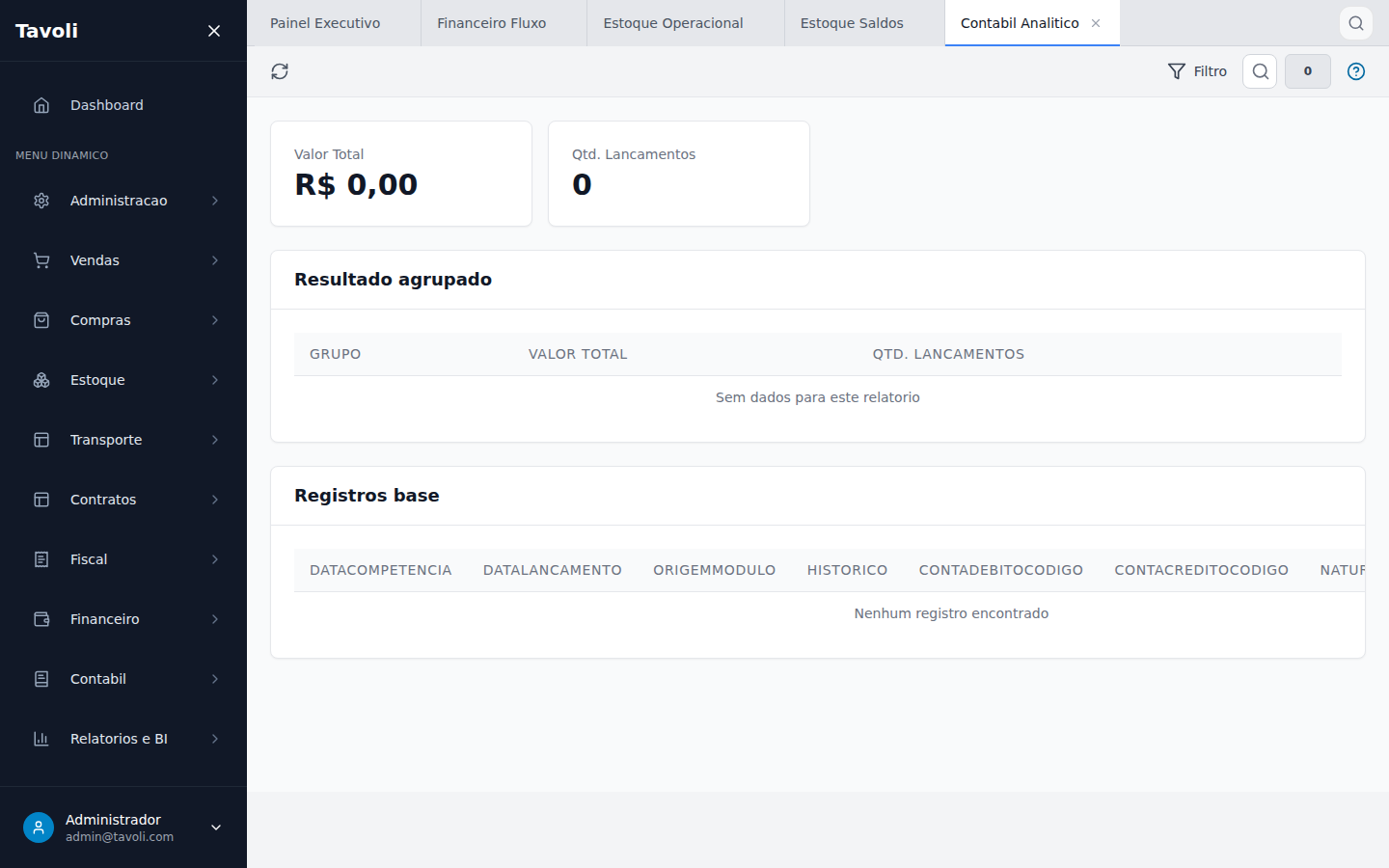 Contabil Analitico - Tela principal