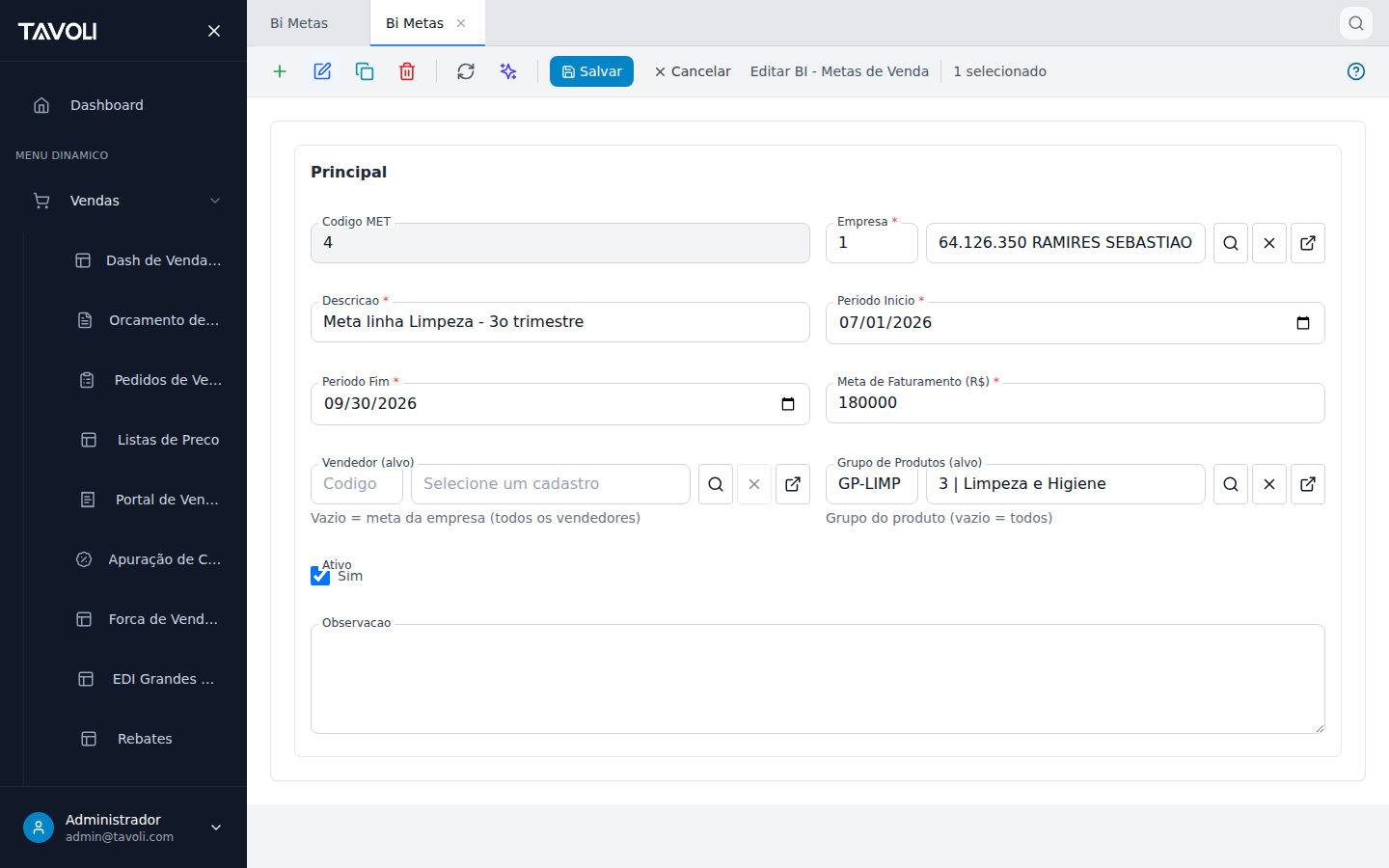 BI - Metas de Venda - Detalhe do registro