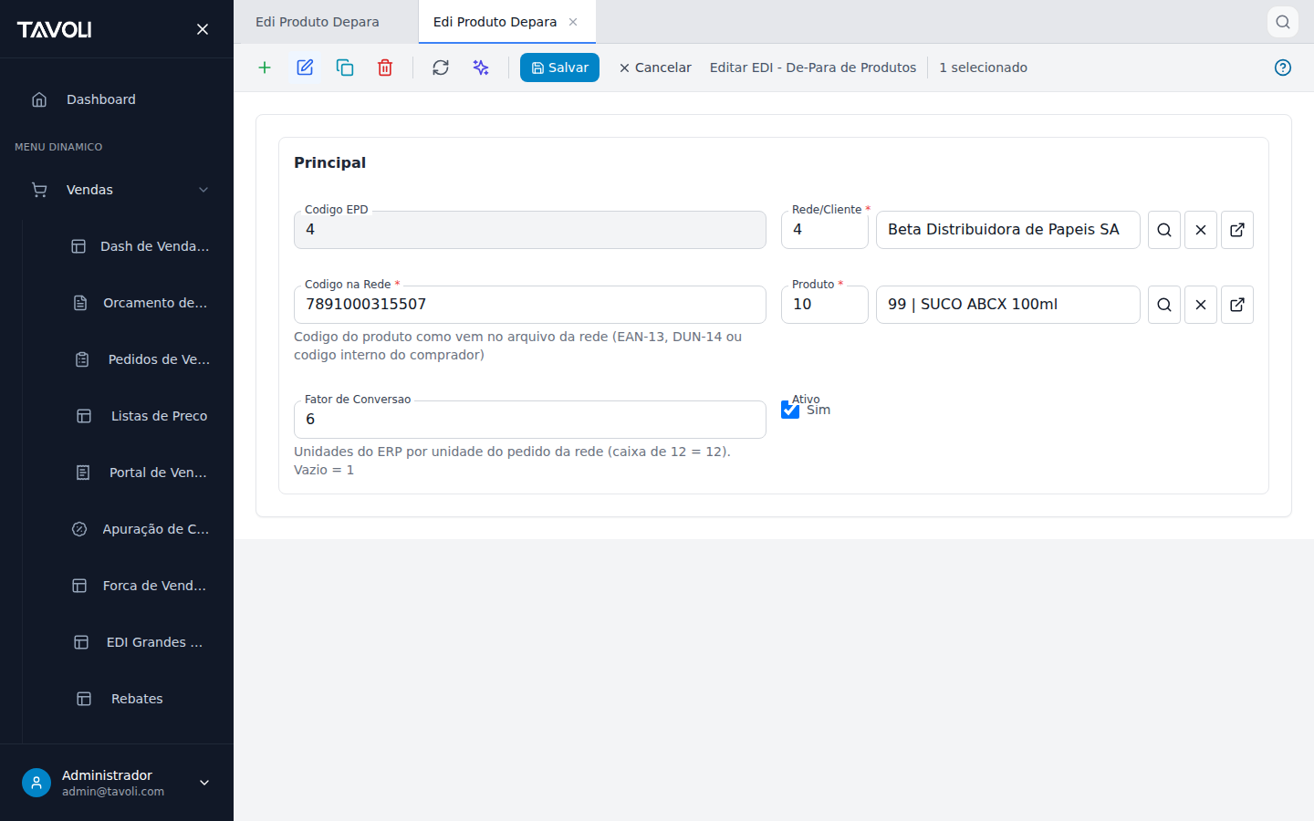 EDI - De-Para de Produtos - Detalhe do registro