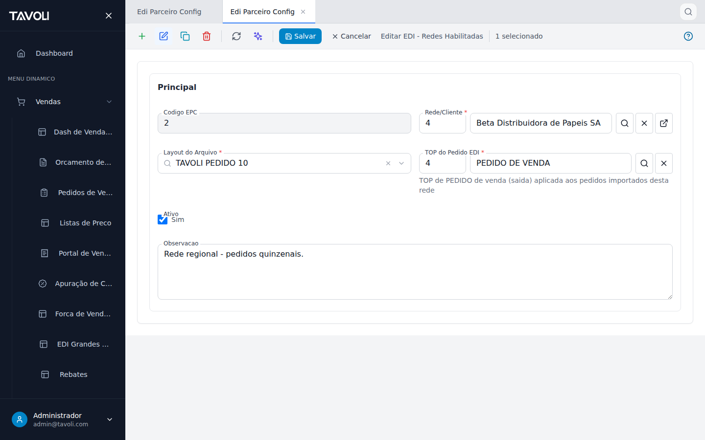 EDI - Redes Habilitadas - Detalhe do registro