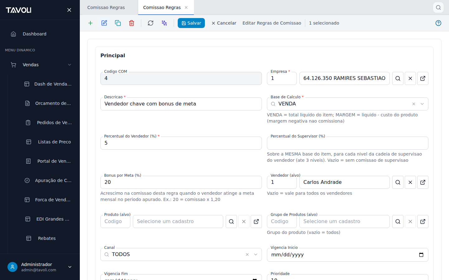 Regras de Comissao - Detalhe do registro